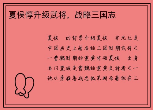 夏侯惇升级武将，战略三国志